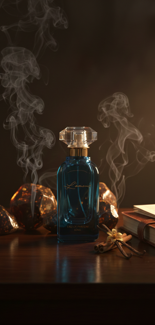 Blue perfume bottle with smoke and books on a dark background